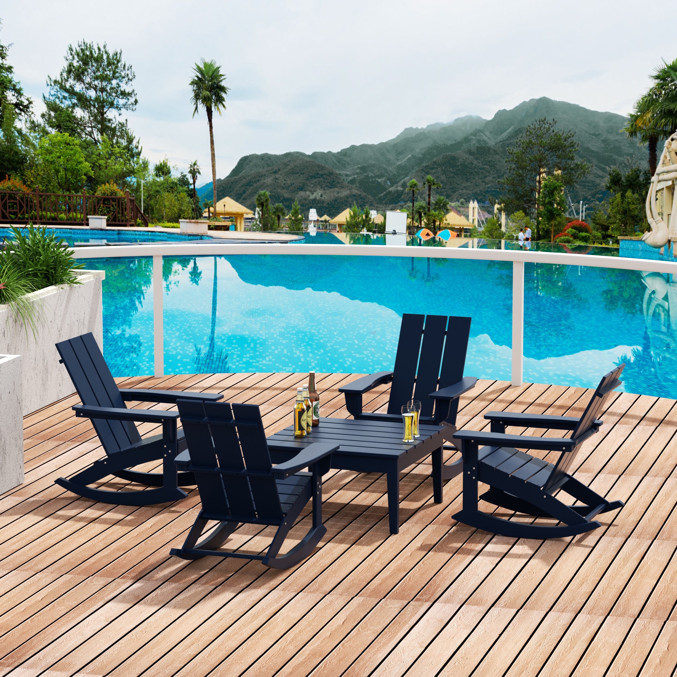 Ashore 5-Piece Set Modern Plastic Outdoor Rocking Chairs with Square Side Table