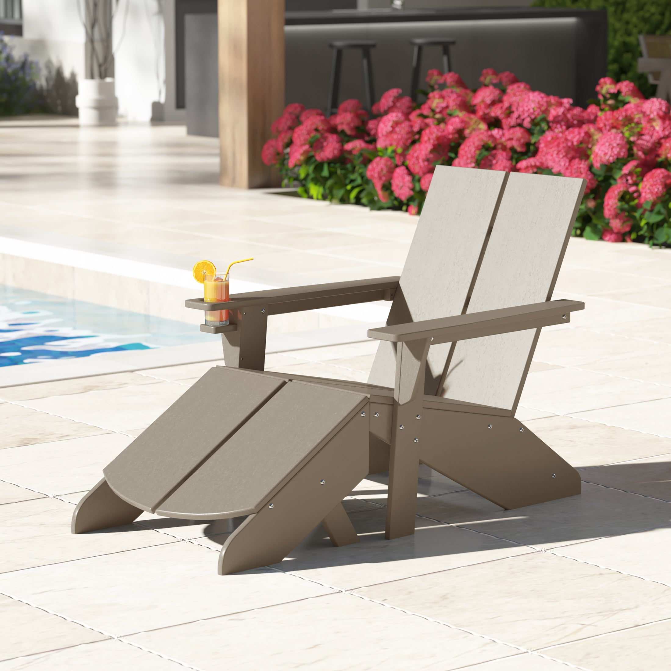 Riviera Outdoor HDPE Modern Adirondack Chair with Folding Patio Ottoman and Cup Holder