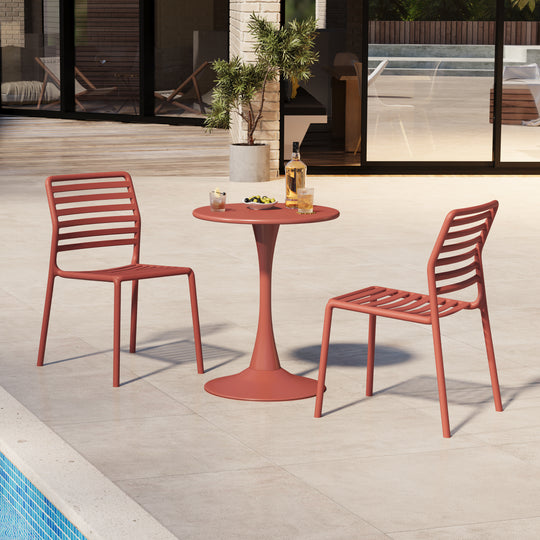 Playa 3-Piece Outdoor Metal Round Dining Table Set With Stackable Resin Patio Dining Chairs
