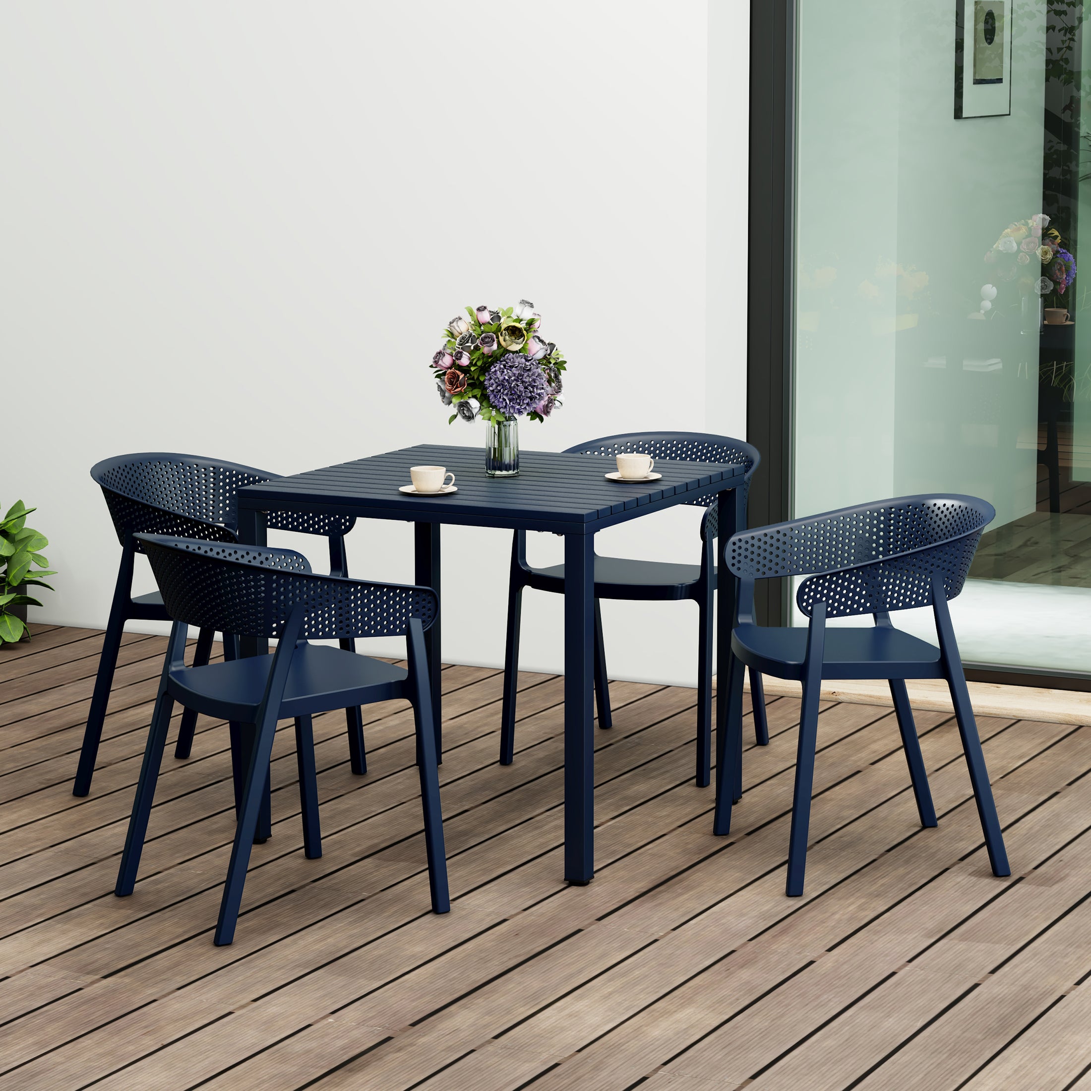Playa 5-Piece Outdoor Metal Frame Square Dining Table Patio Set with Stackable Patio Dining Chairs