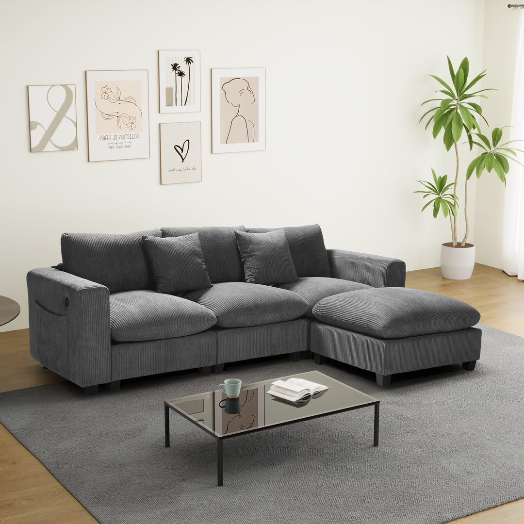 Hearthside 99" Modular Corduroy L-Shaped Sectional Sofa and Chaise With USB/Type-C Ports and Side Pockets