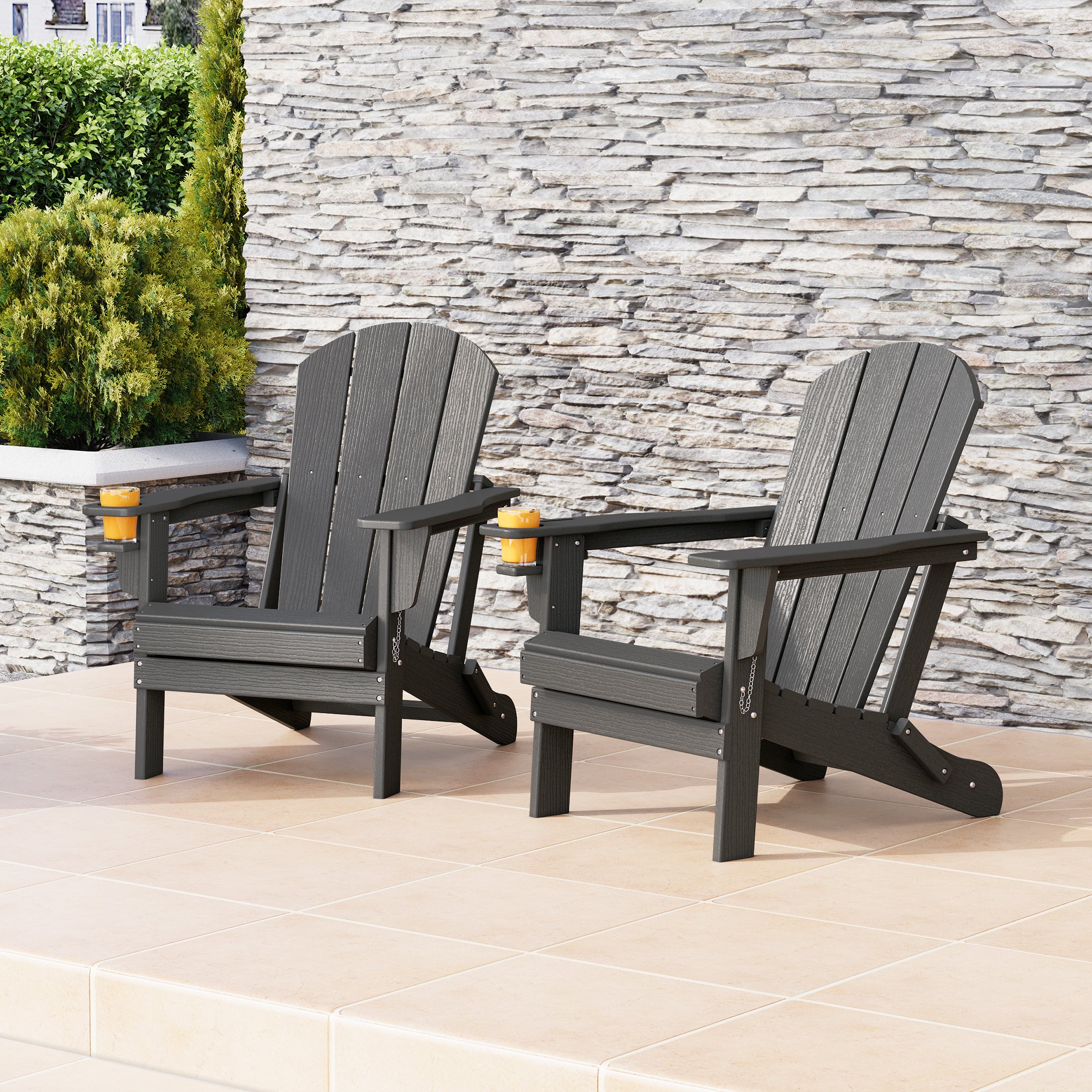Nantucket Outdoor Patio HDPE Resin Folding Adirondack Chairs With Cup Holder and Phone Holder (Set of Two)
