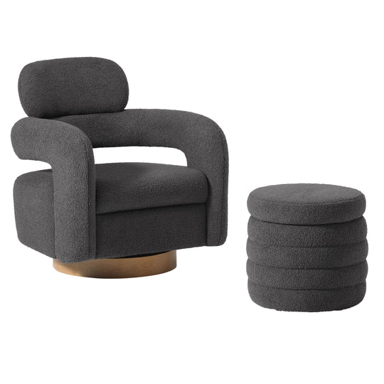 Alexandria Mid-Century Modern Sherpa Swivel Barrel Accent Chair With Storage Ottoman