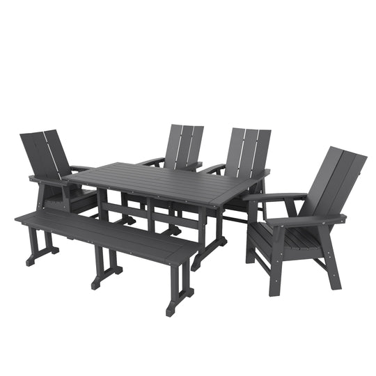 Ashore 6 Piece Outdoor Patio Rectangle Dining Table and Dining Bench Modern Armchair Set