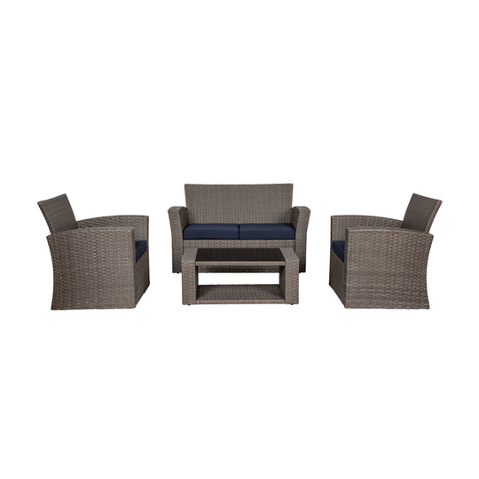 Coastal 4-Piece set Gray color base Outdoor / Patio Wicker Rattan Conversation Sofa set with cushions and a Coffee table ( 4 seater )