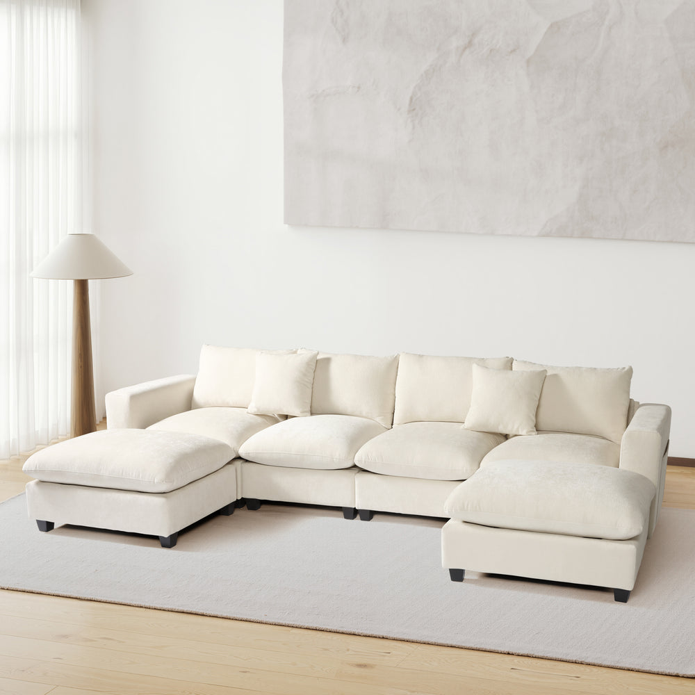 Augusta 128" Chenille Modular U-Shaped Sectional Couch and Chaise With USB/Type-C Ports and Side Pockets