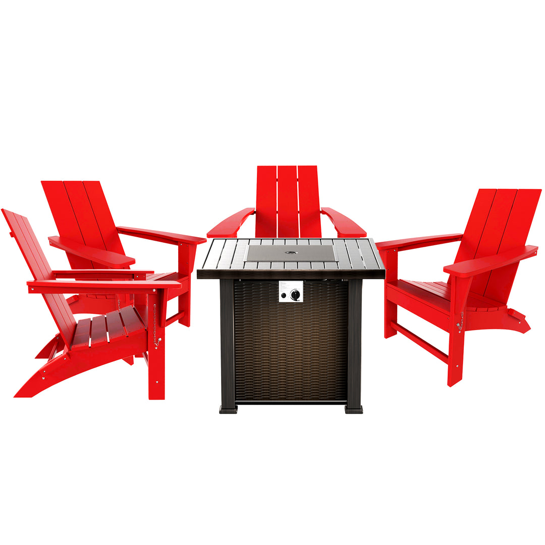 Ashore Modern Folding Poly Adirondack Chair With Square Fire Pit Table Set