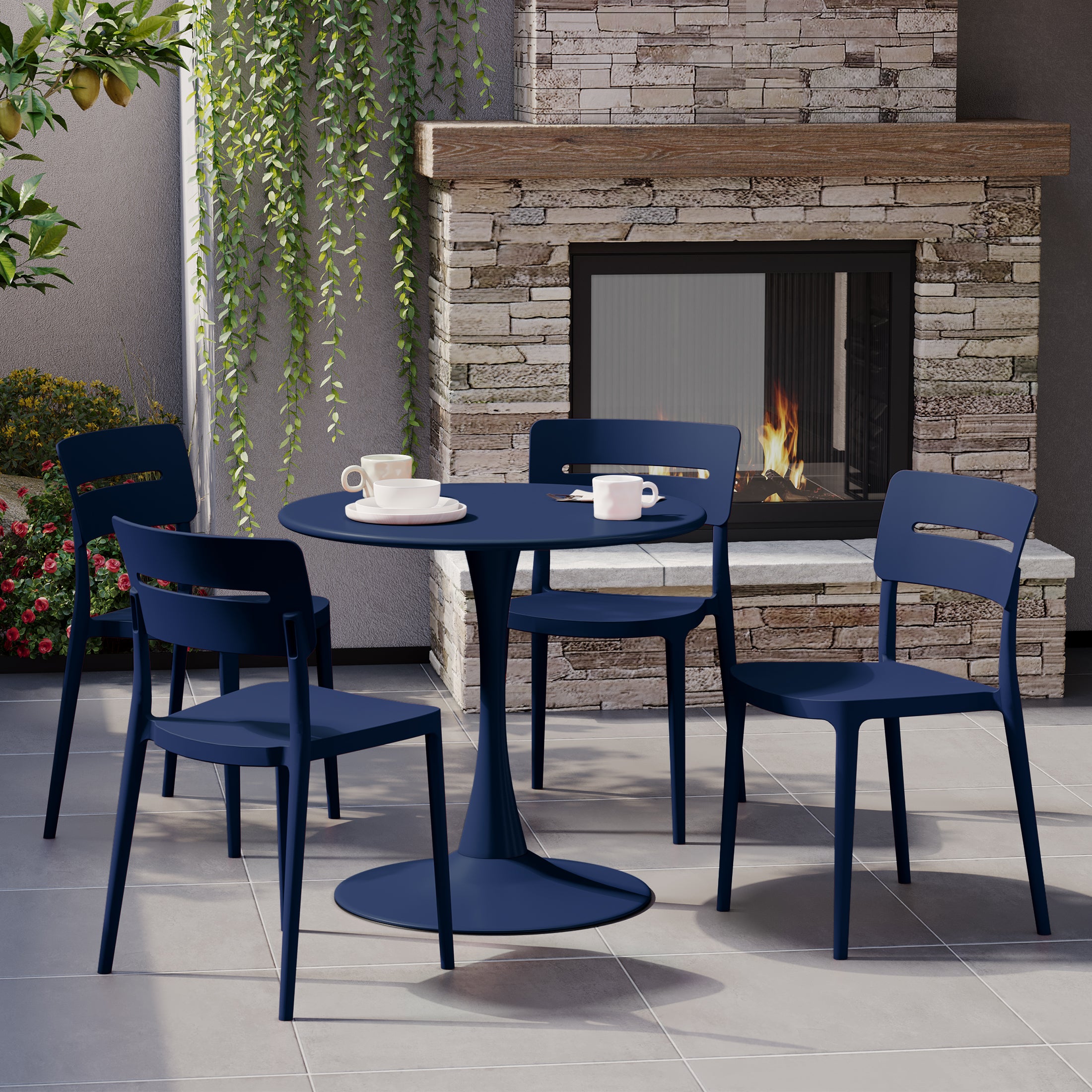 Playa 5-Piece Outdoor Indoor Round Metal Patio Dining Table Set With Stackable Patio Chairs