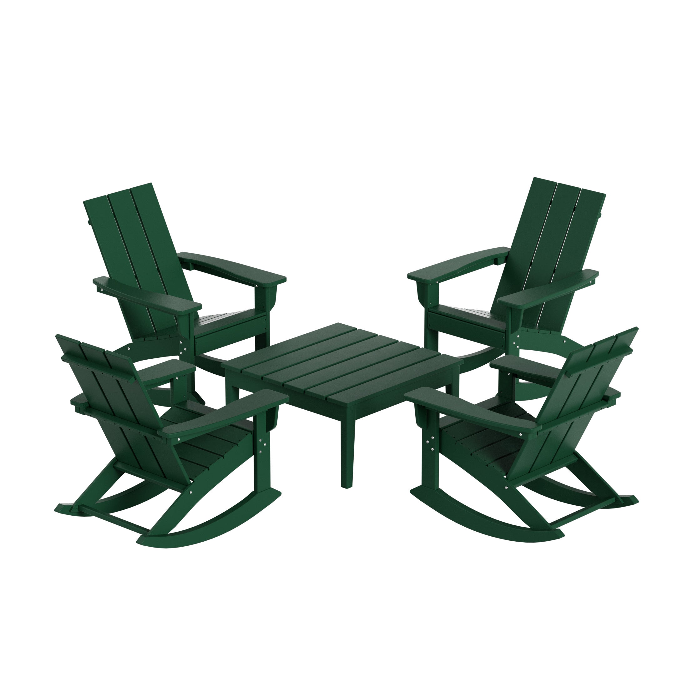 Ashore 5-Piece Set Modern Plastic Outdoor Rocking Chairs with Square Side Table