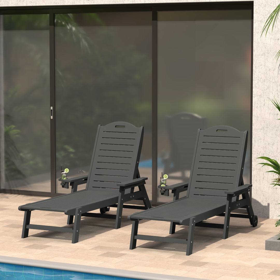 Aruba Outdoor HDPE Patio Chaise Lounges With Wheels & Cup Holder (Set of 2)