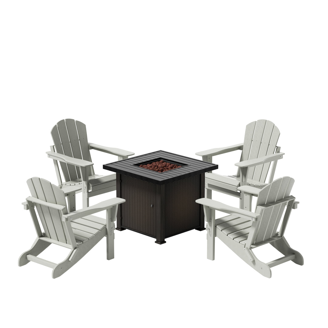 Malibu Modern Folding Poly Adirondack Chair With Square Fire Pit Table Set