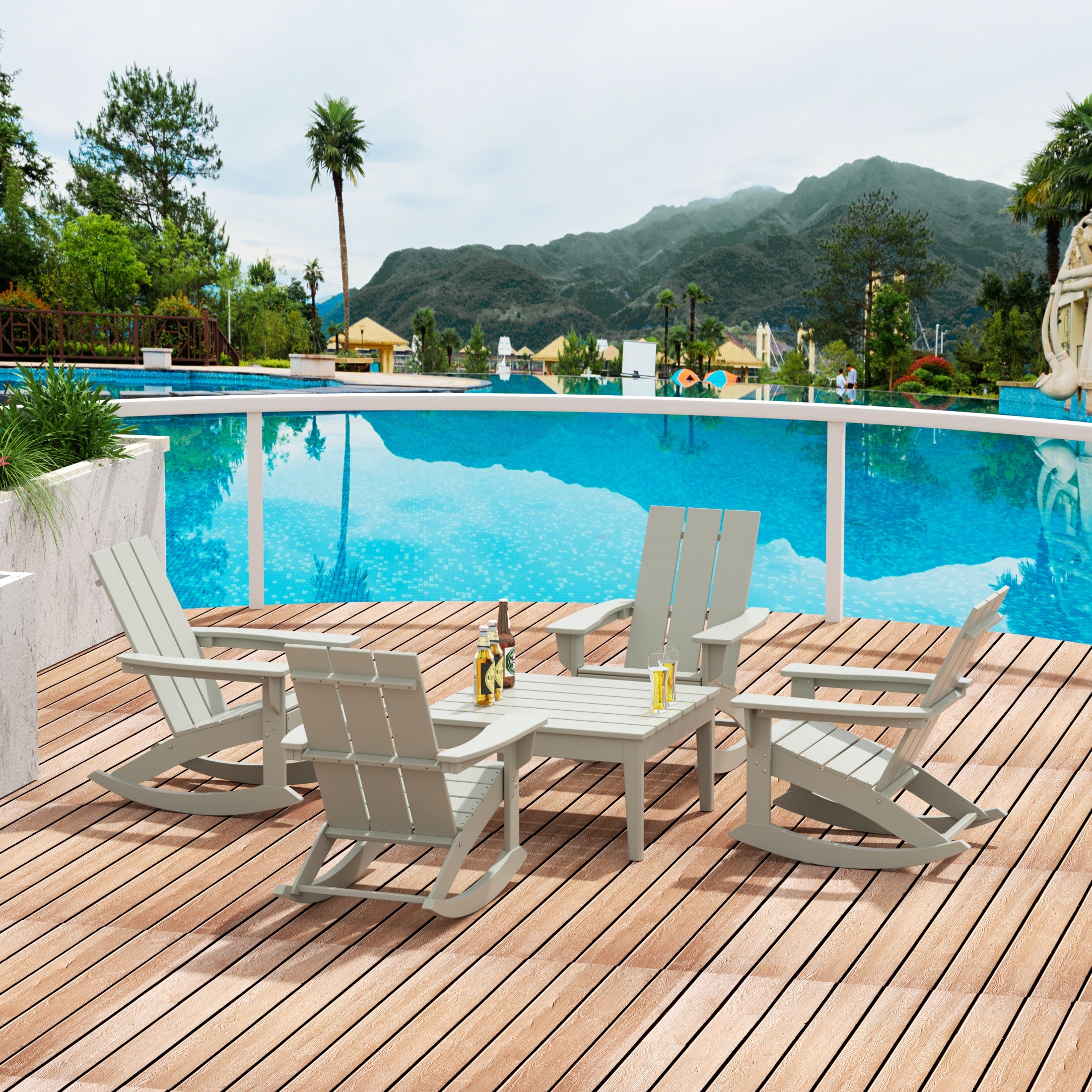 Ashore 5-Piece Set Modern Plastic Outdoor Rocking Chairs with Square Side Table