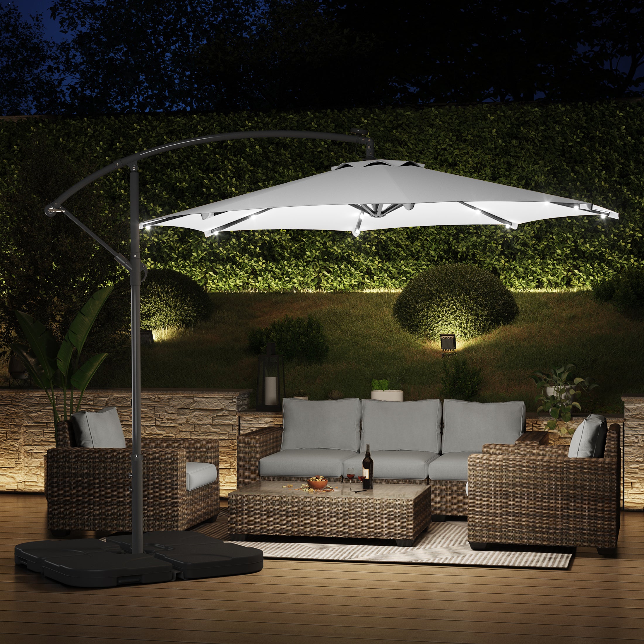 WestinTrends 10 ft Outdoor Patio Solar LED Cantilever Umbrella with Base Weights, Dark Green