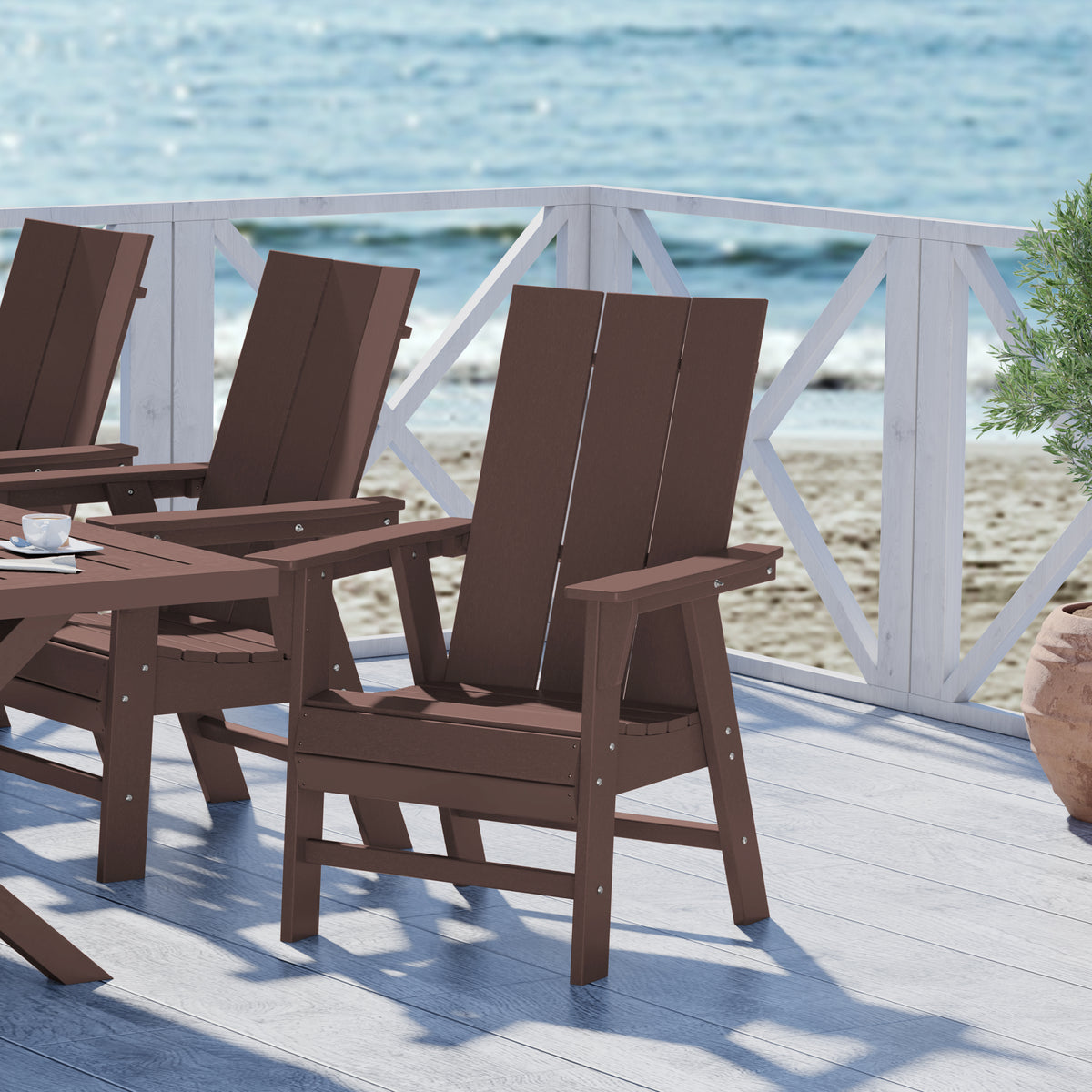 Ashore modern Adirondack dining chair in Dark Brown styled outdoors