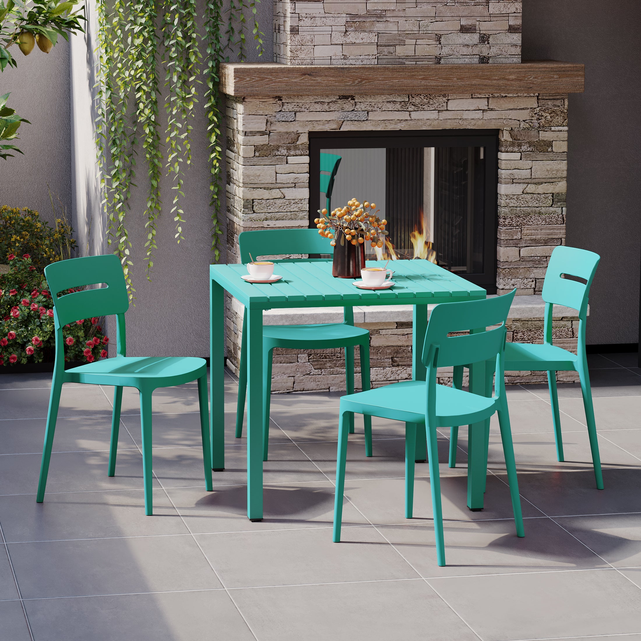 Playa 5-Piece Outdoor Metal Frame Dining Table Patio Set with Stackable Patio Dining Chairs