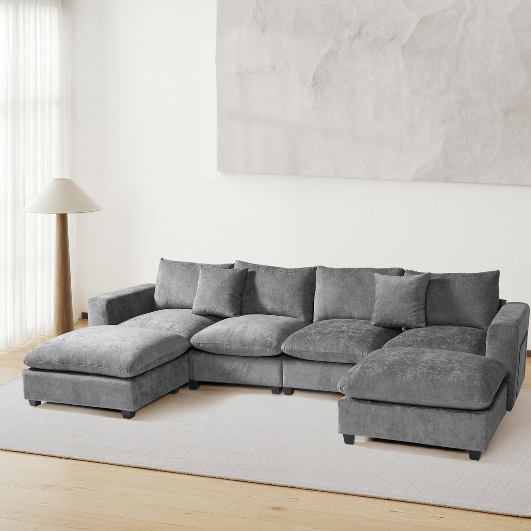 Augusta 128" Chenille Modular U-Shaped Sectional Couch and Chaise With USB/Type-C Ports and Side Pockets