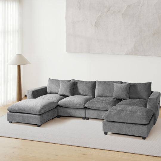 Augusta 128" Chenille Modular U-Shaped Sectional Couch and Chaise With USB/Type-C Ports and Side Pockets