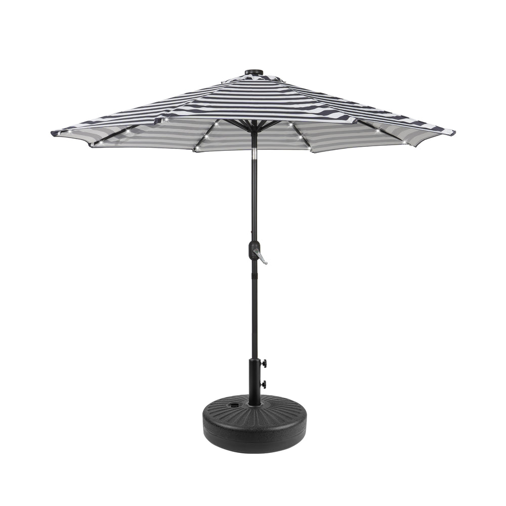 Cyrus 9 ft. Patio Solar Power LED lights Market Umbrella with Black color round free standing weight base kit
