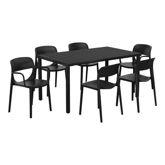 Playa 7-Piece Outdoor Rectangular Metal Patio Dining Table Set With Stackable Patio Dining Chairs