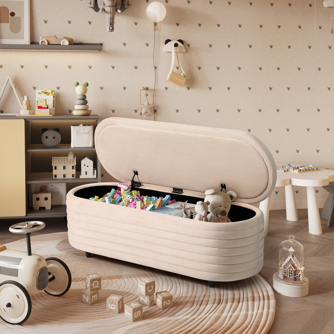 Phoebe 54" Wide Mid-Century Modern Upholstered Velvet Tufted Oval Storage Ottoman Bench