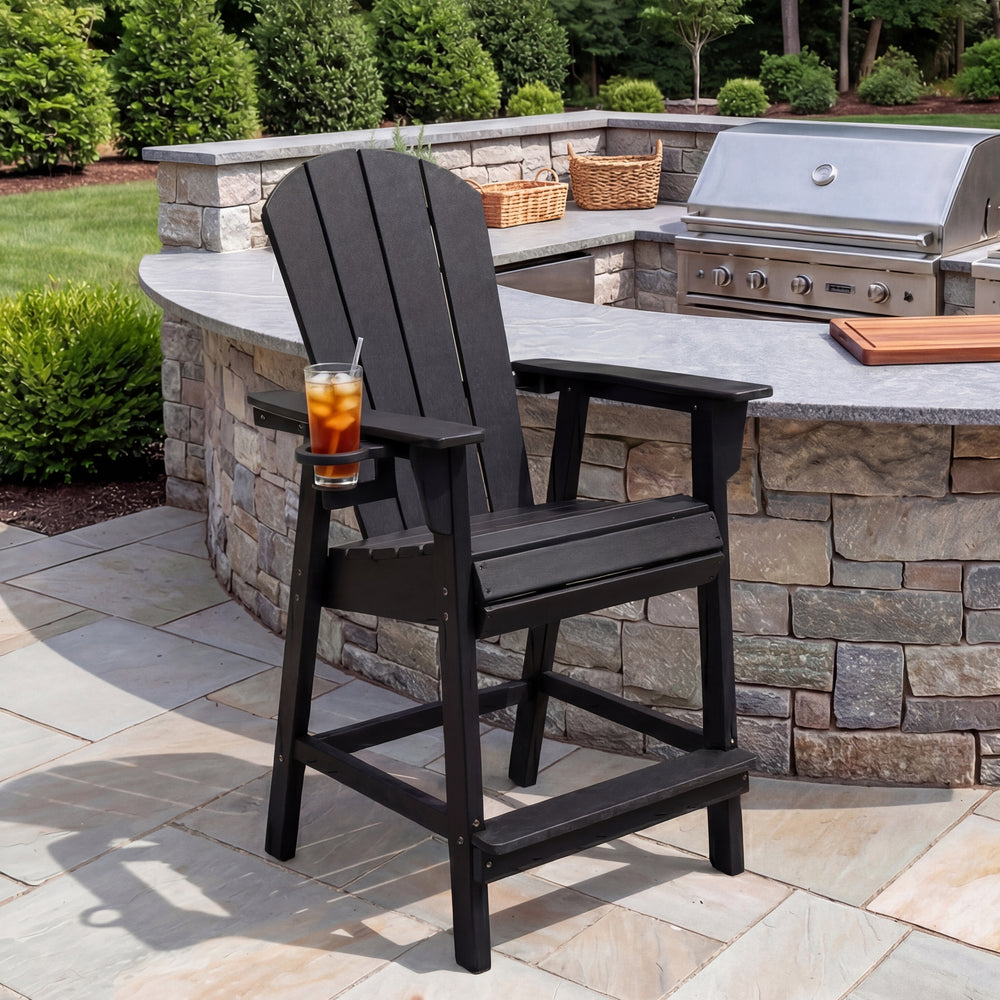 Malibu Outdoor HDPE  Tall Adirondack Counter Height Bar Chair With Cup Holder
