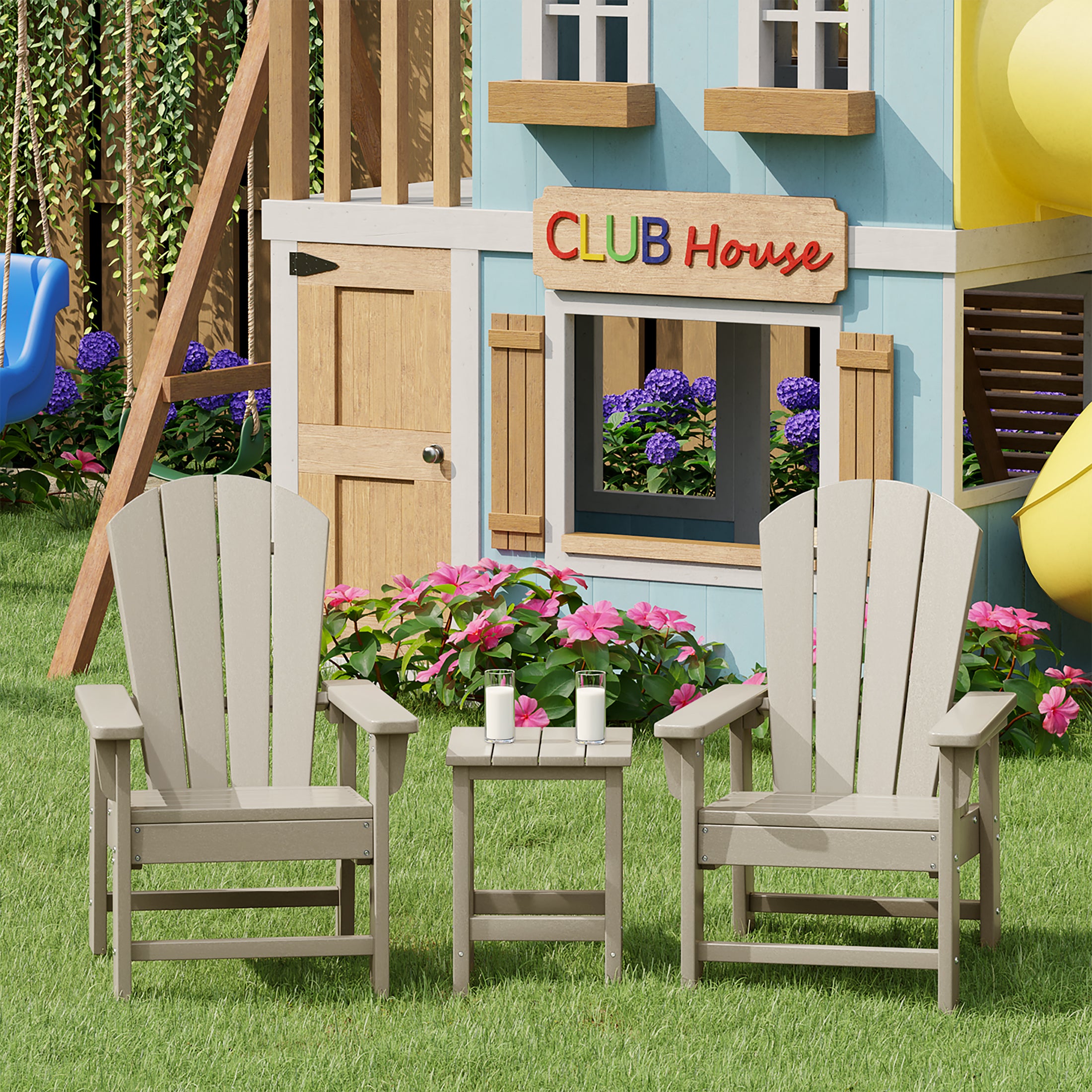 Malibu Kids 3-Piece Outdoor HDPE Adirondack Chairs With Square Side Table Set