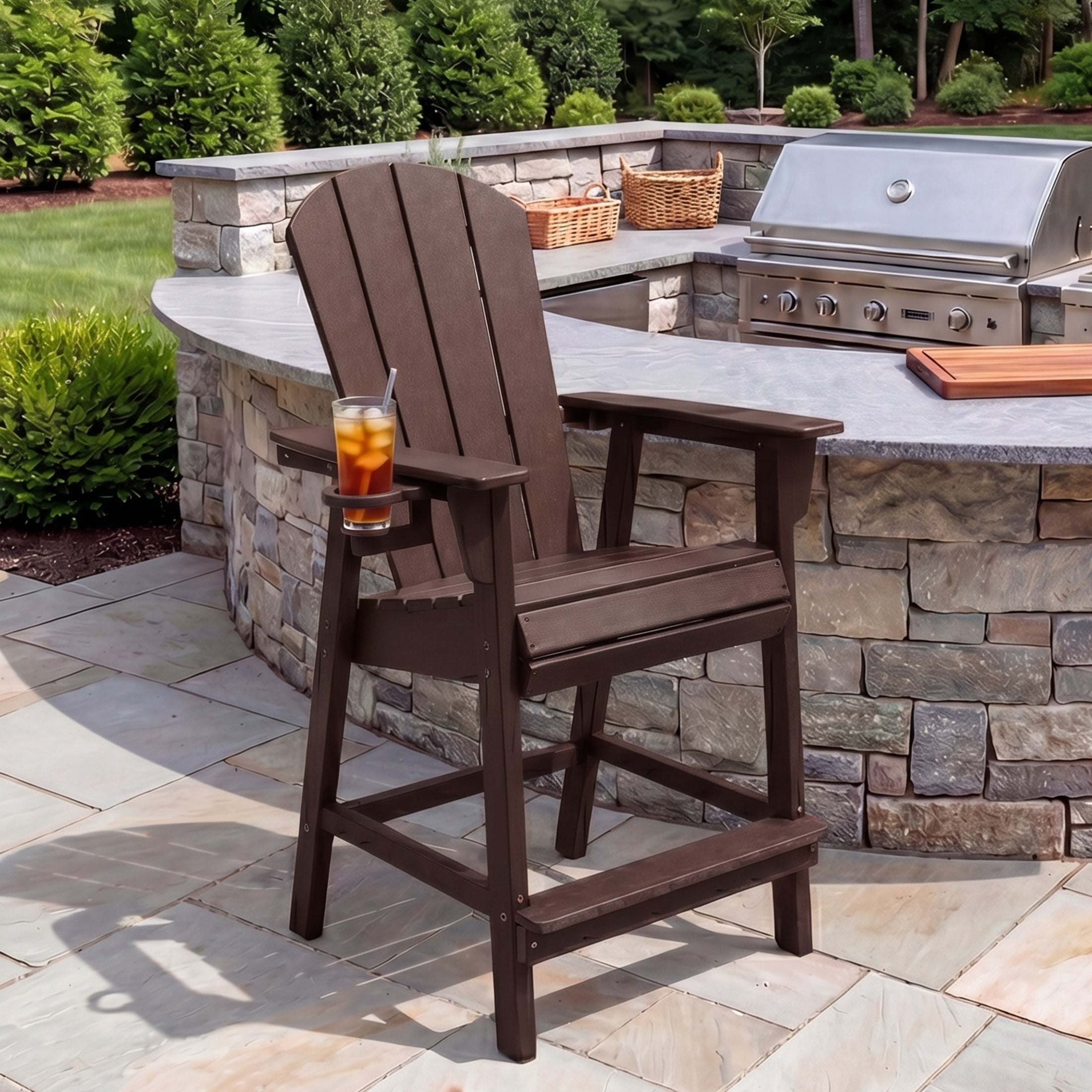 Malibu Outdoor HDPE  Tall Adirondack Counter Height Bar Chair With Cup Holder