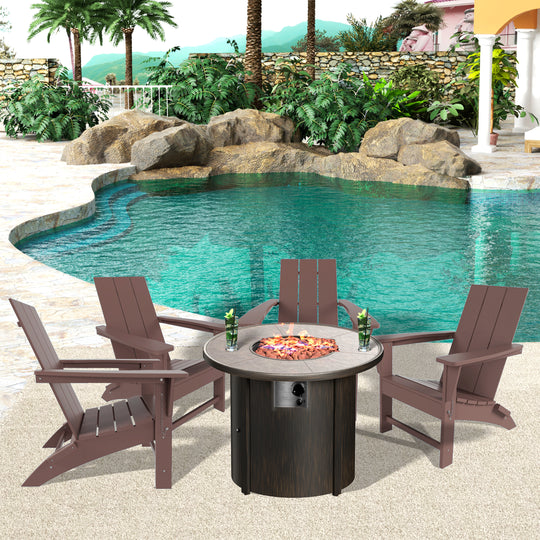 Ashore Modern Folding Poly Adirondack Chair With Round Fire Pit Table