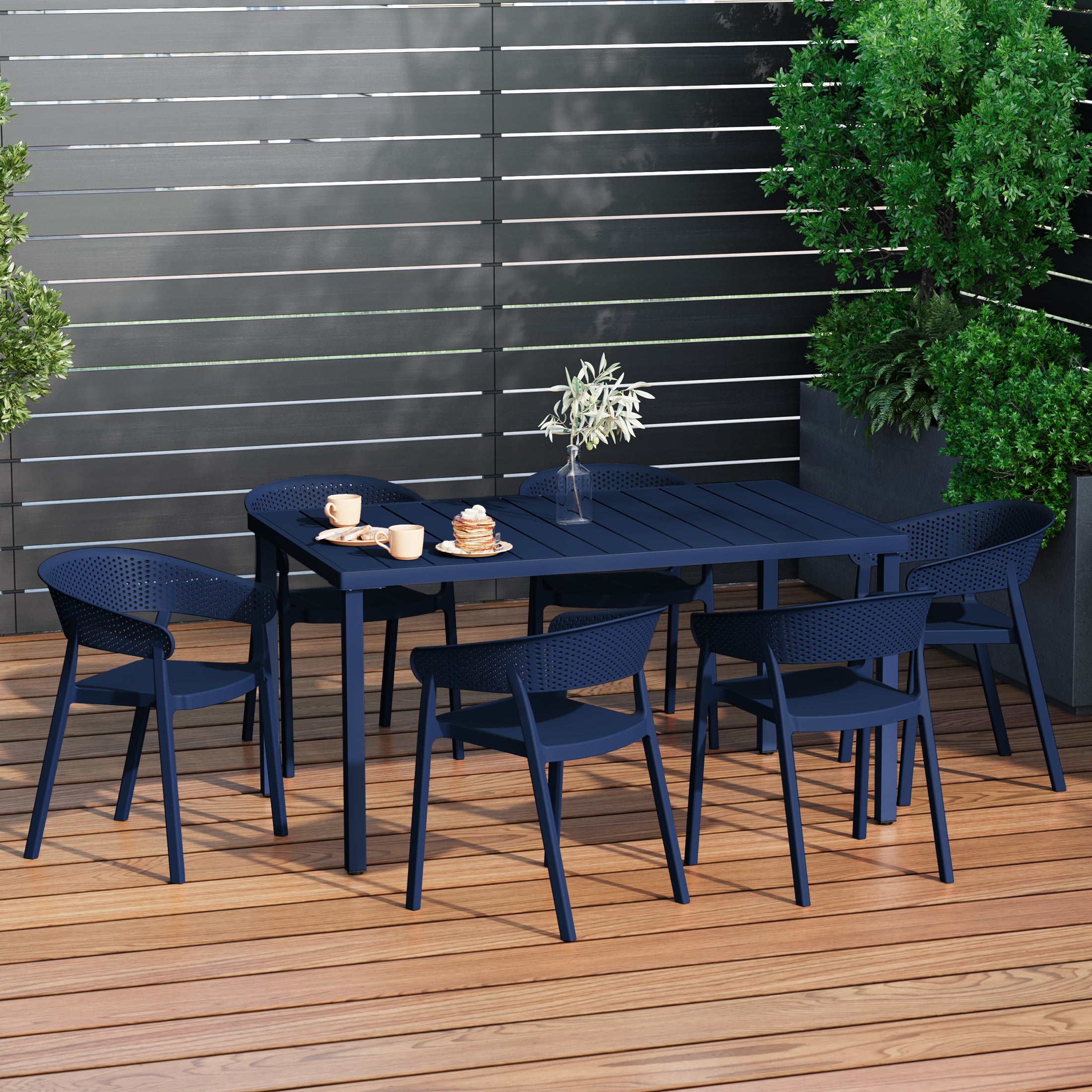 Playa 7-Piece Outdoor Metal Rectangle Patio Dining Table Set With Stackable Patio Dining Chairs