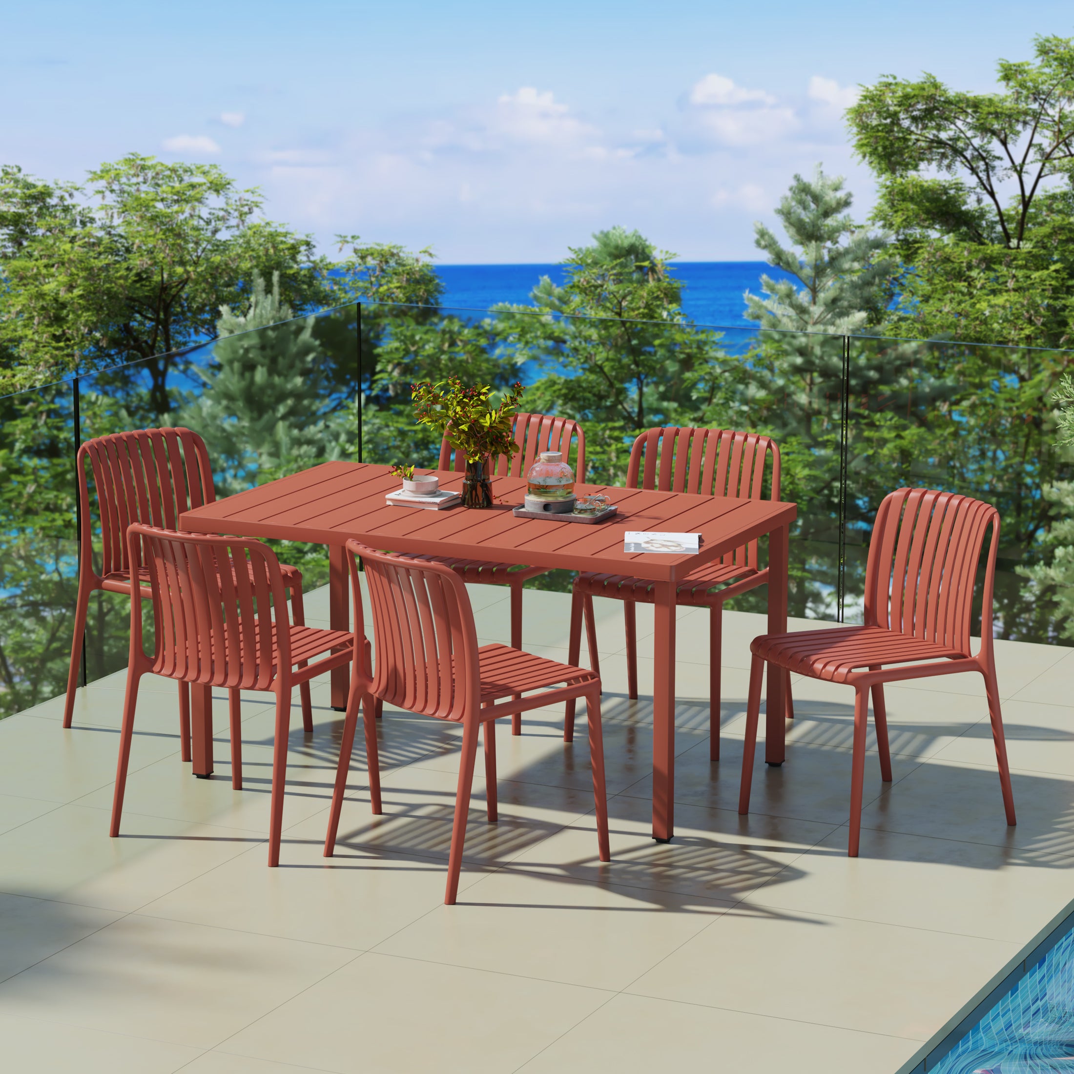 Playa 7-Piece Outdoor Patio Dining Table Set With Stackable Patio Chairs
