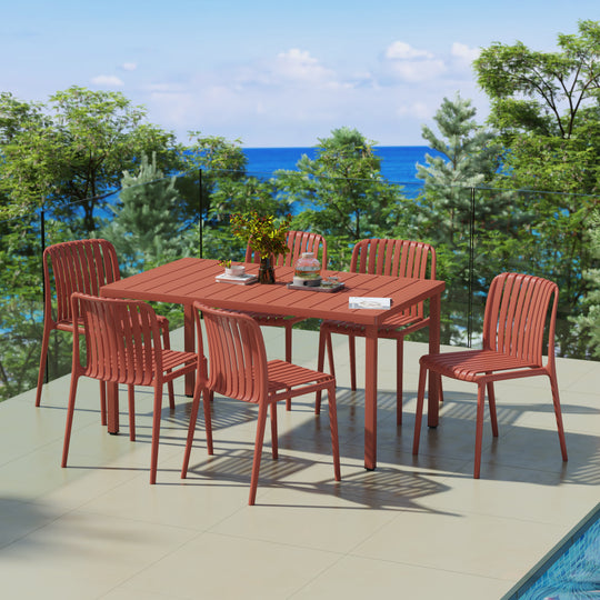 Playa 7-Piece Outdoor Patio Dining Table Set With Stackable Patio Chairs