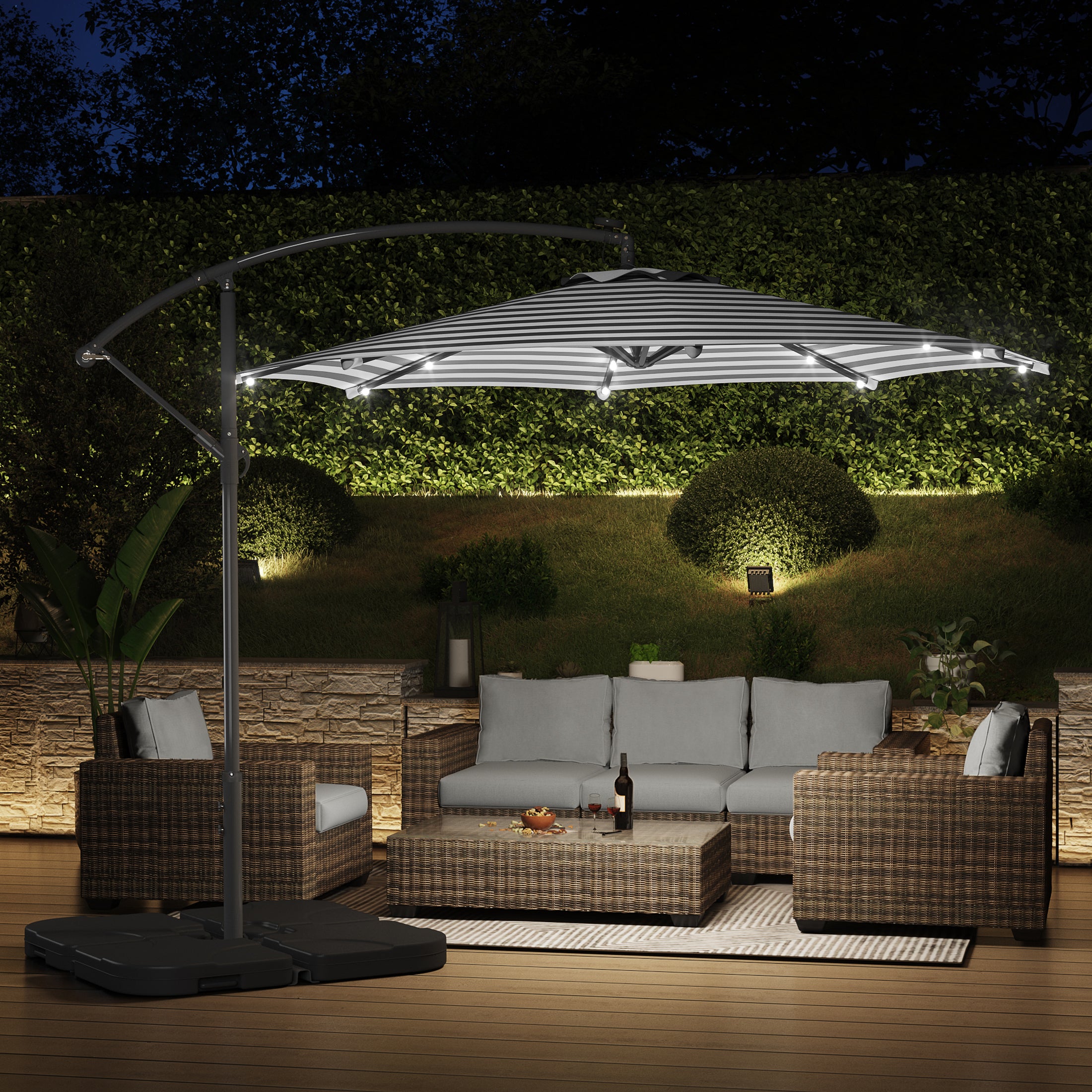 WestinTrends 10 ft Outdoor Patio Solar LED Cantilever Umbrella with Base Weights, Dark Green