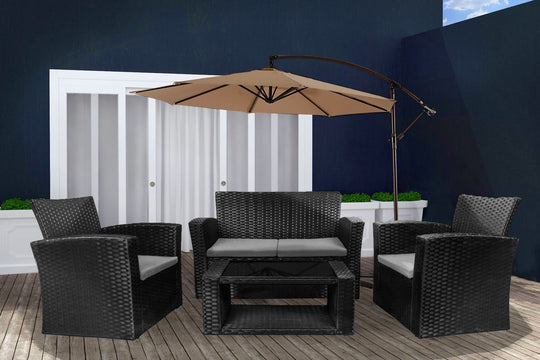 Coastal 4-Piece set Black color base Outdoor / Patio Wicker Rattan Conversation Sofa set with cushions and a Coffee table ( 4 seater )