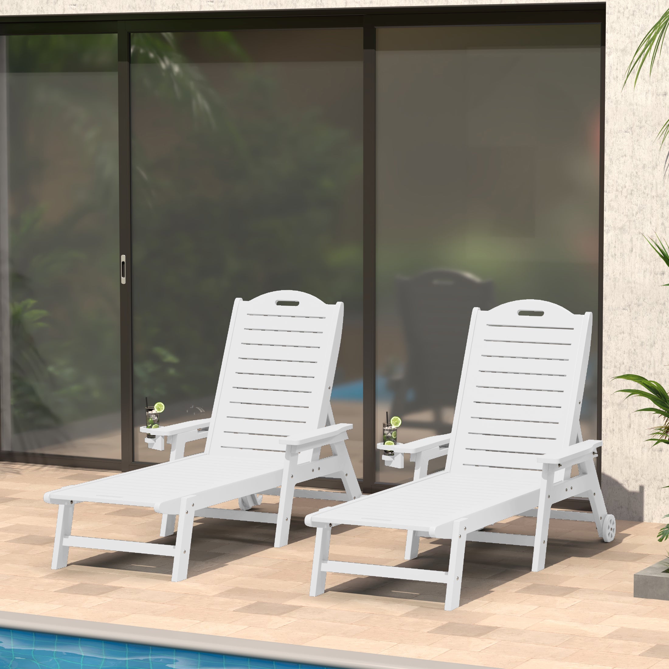 Aruba Outdoor HDPE Patio Chaise Lounges With Wheels & Cup Holder (Set of 2)