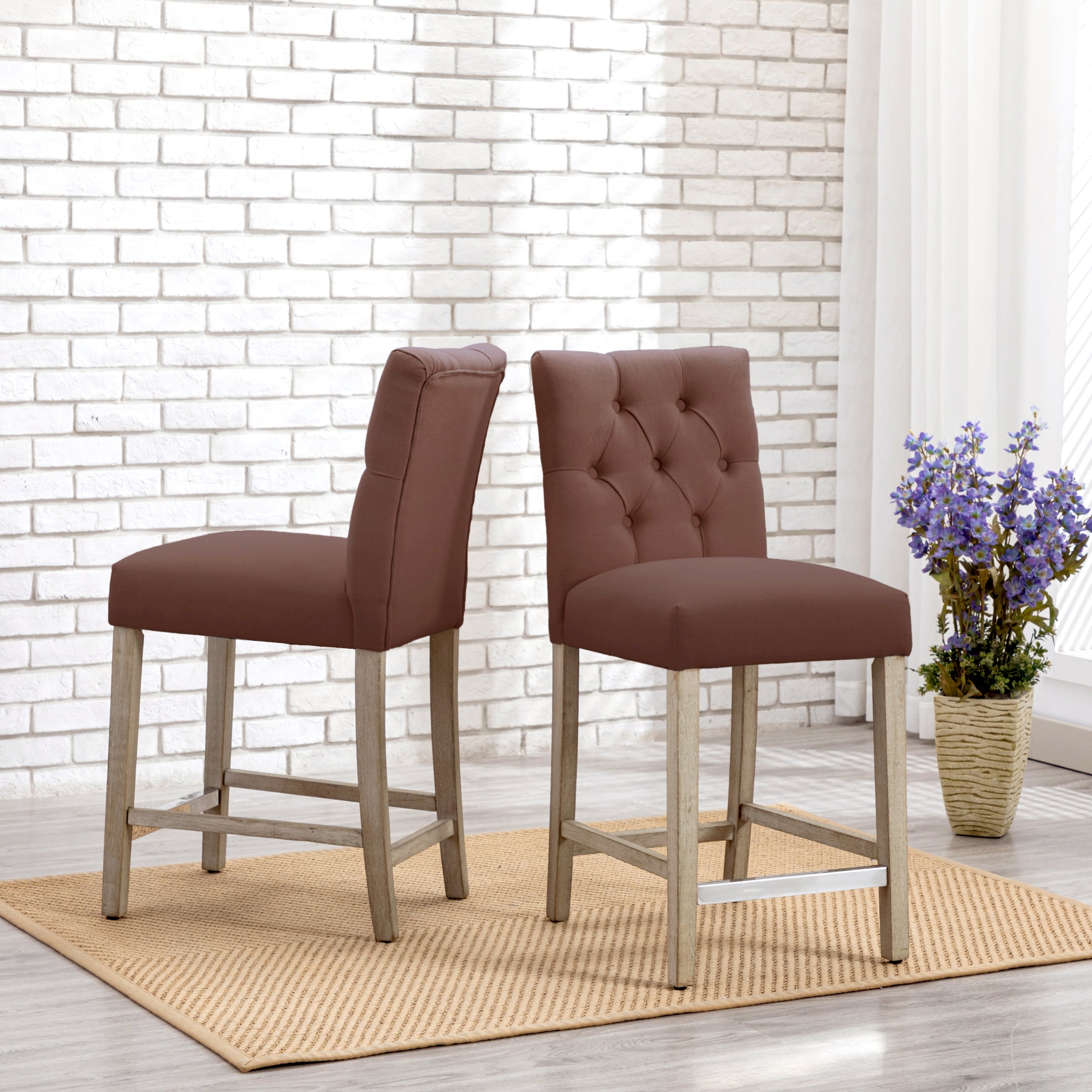 Hayes 24" Linen Fabric Tufted Counter Stool (Set of 2),Antique Gray