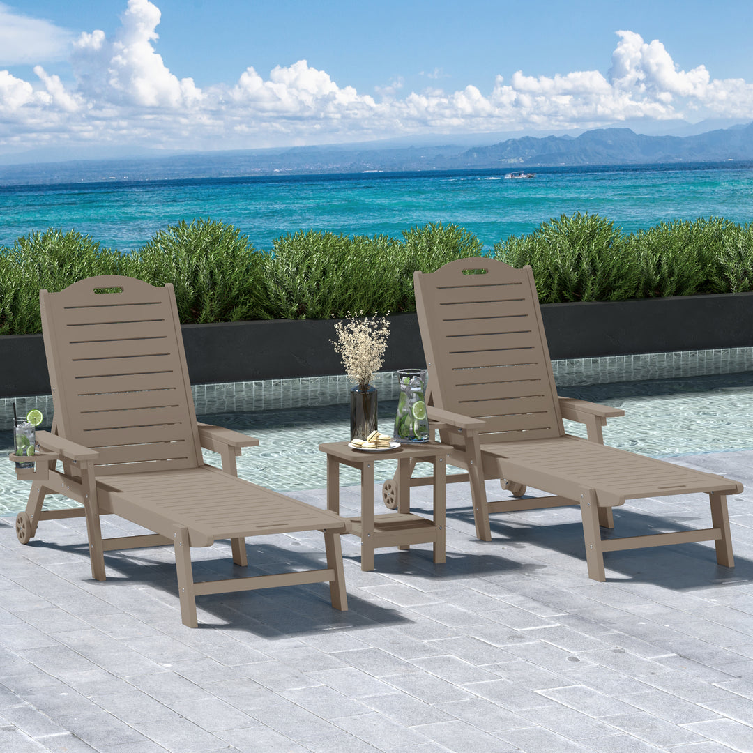 Aruba 3-Piece Outdoor Patio Chaise Lounge Chair with Wheels & Cup Holder with Patio Side Table