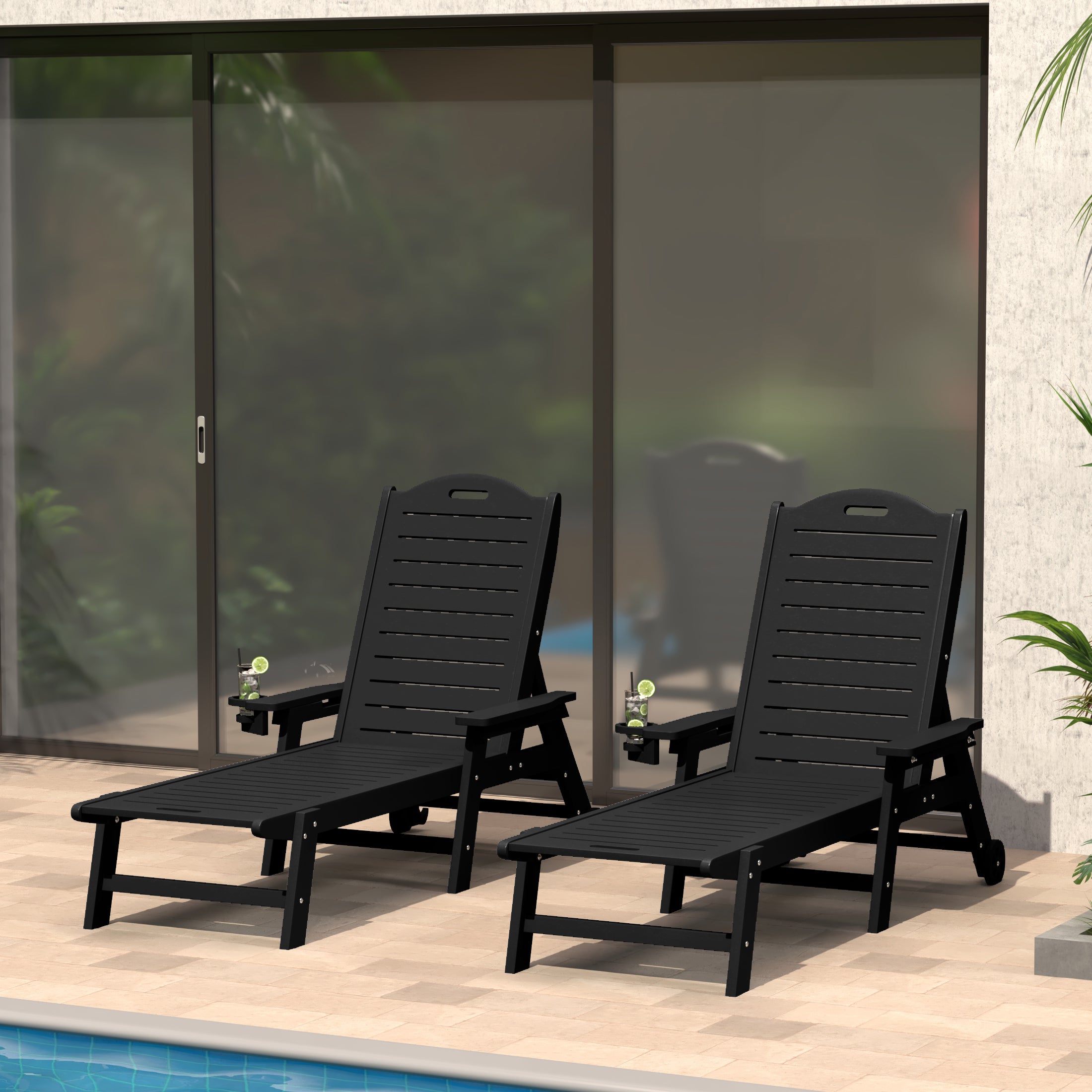 Aruba Outdoor HDPE Patio Chaise Lounges With Wheels & Cup Holder (Set of 2)