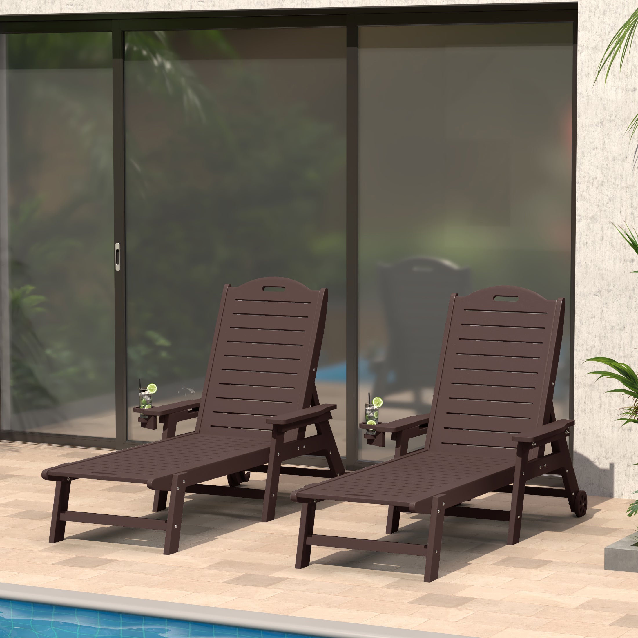 Aruba Outdoor HDPE Patio Chaise Lounges With Wheels & Cup Holder (Set of 2)