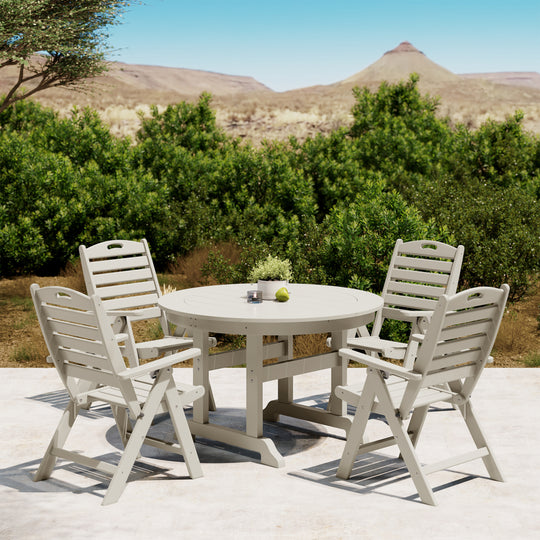 Malibu 5-Piece HDPE Round Patio Dining Table Set with Foldable Chairs