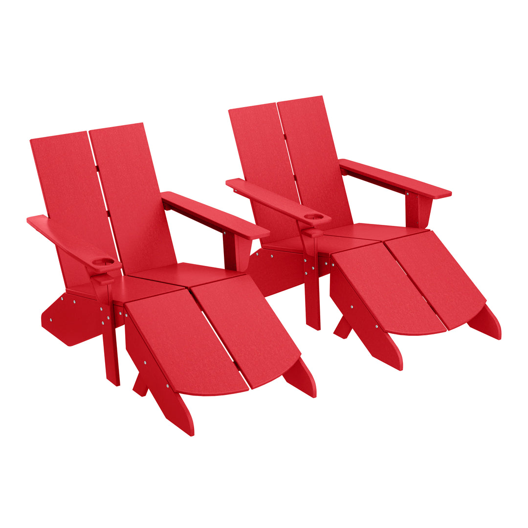 Riviera Outdoor 4-Piece HDPE Modern Adirondack Chairs Set with Folding Patio Ottomans and Cup Holder