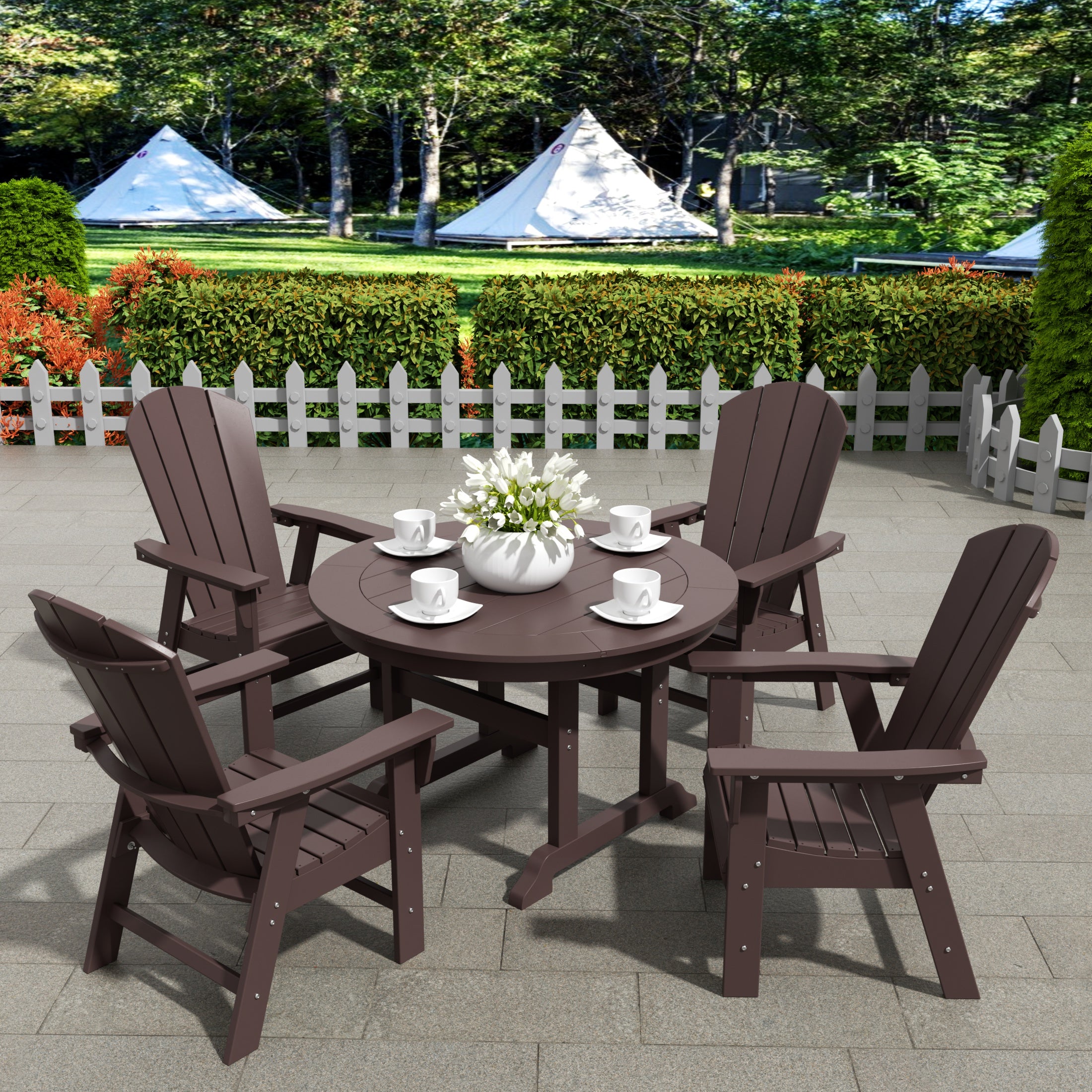 Malibu 5 Piece Outdoor Patio Dining Round Table and Curved Back Armchair Set