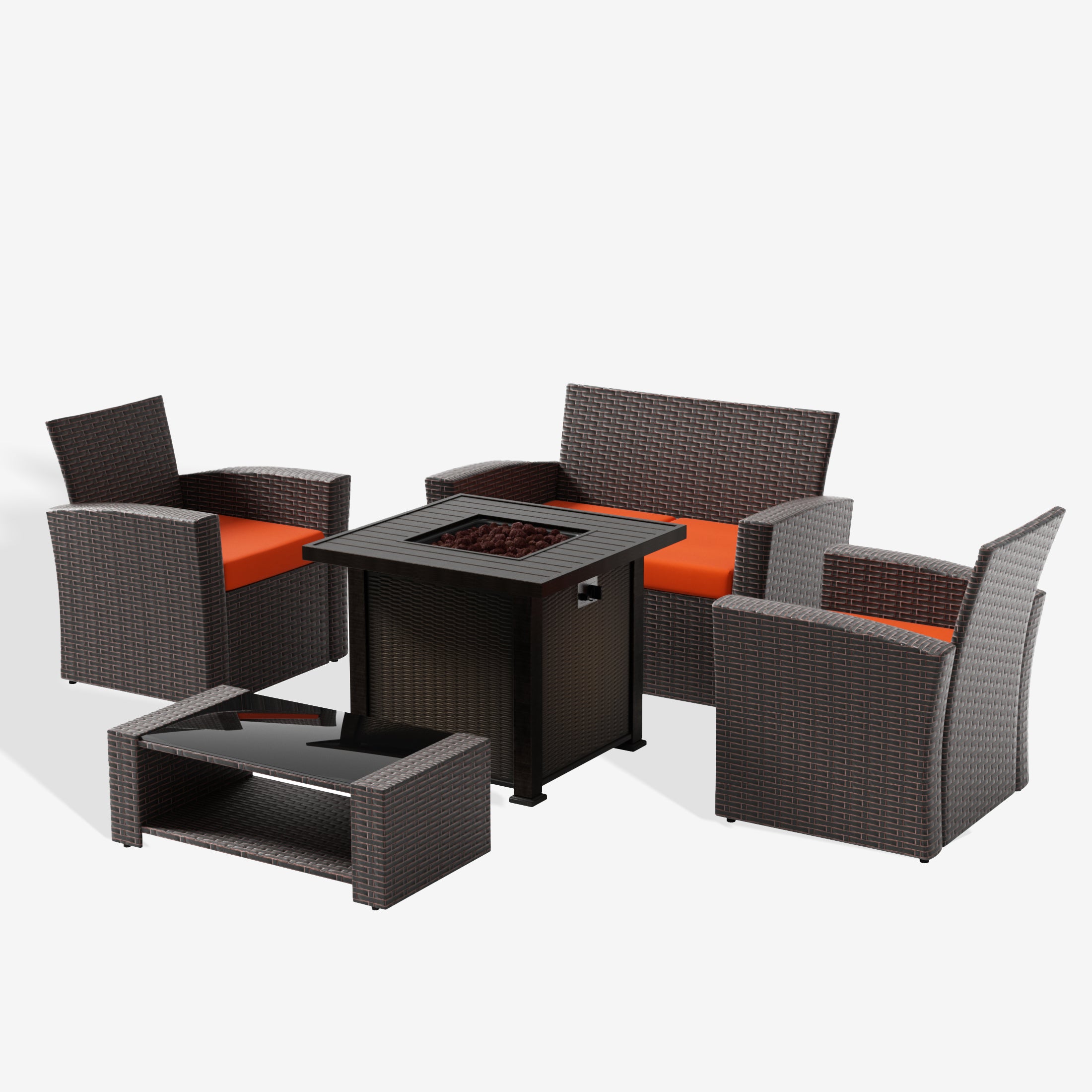 Coastal 4-Piece Conversation Outdoor Patio Sofa Set with Square Fire Pit Table, Chocolate