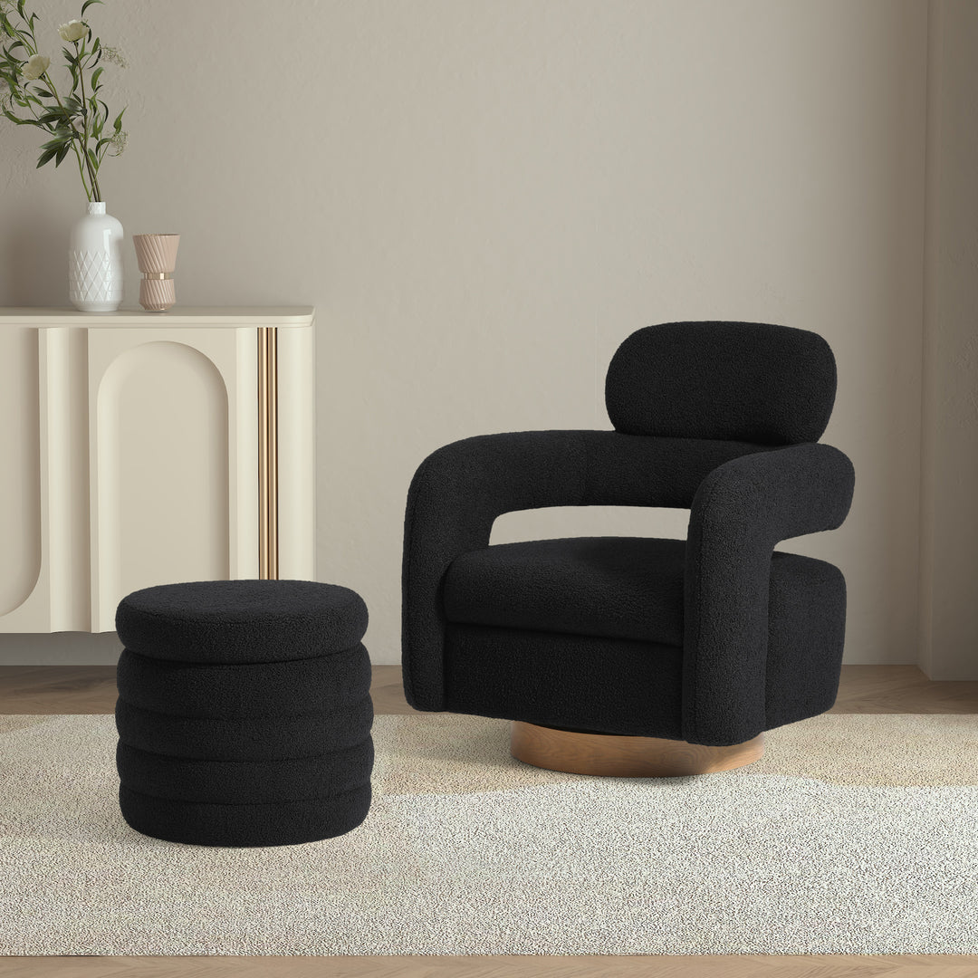 Alexandria Mid-Century Modern Sherpa Swivel Barrel Accent Chair With Storage Ottoman