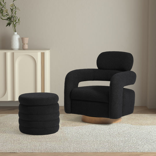 Alexandria Mid-Century Modern Sherpa Swivel Barrel Accent Chair With Storage Ottoman