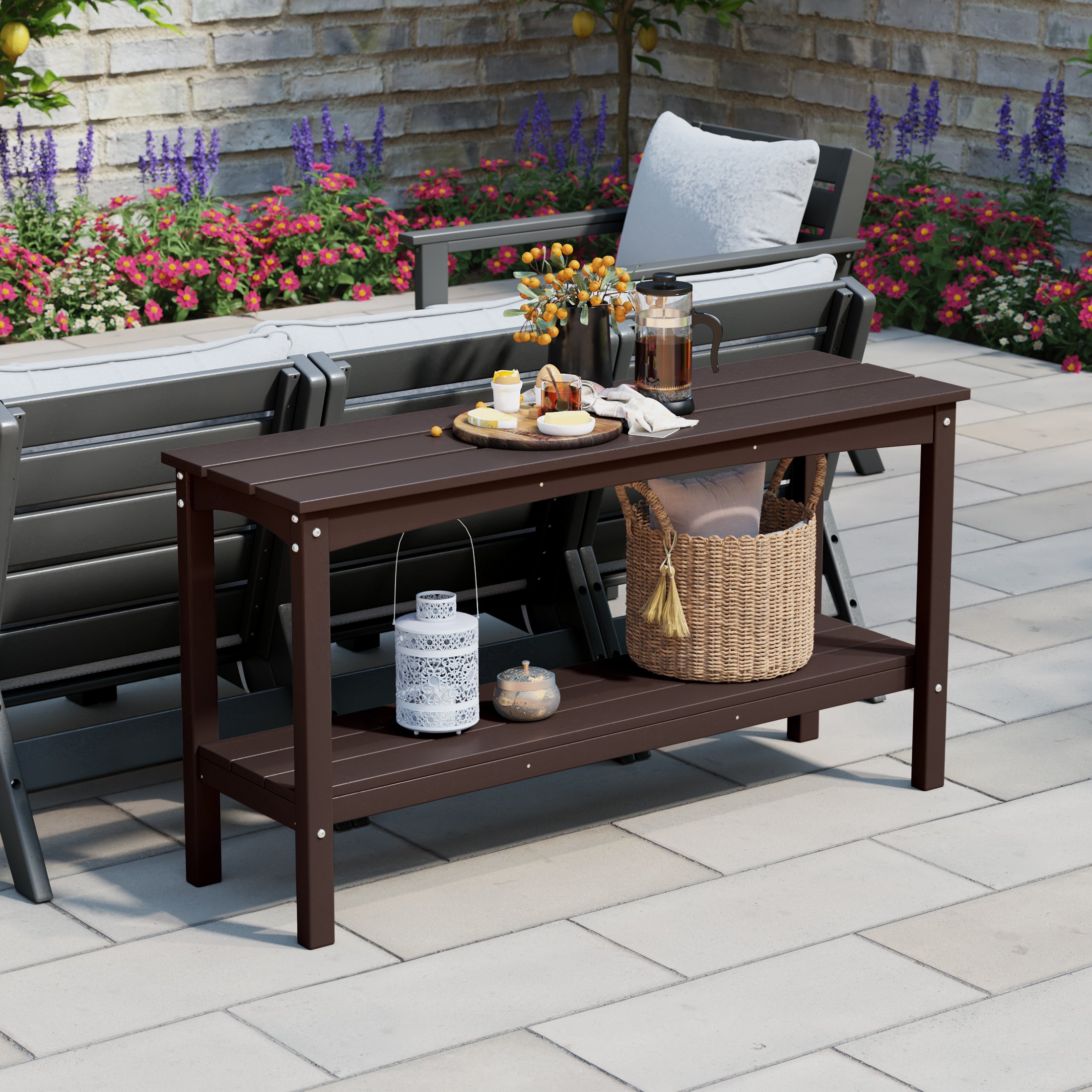 Malibu 55" Outdoor Patio HDPE Adirondack 2-Tier Shelf Console Table