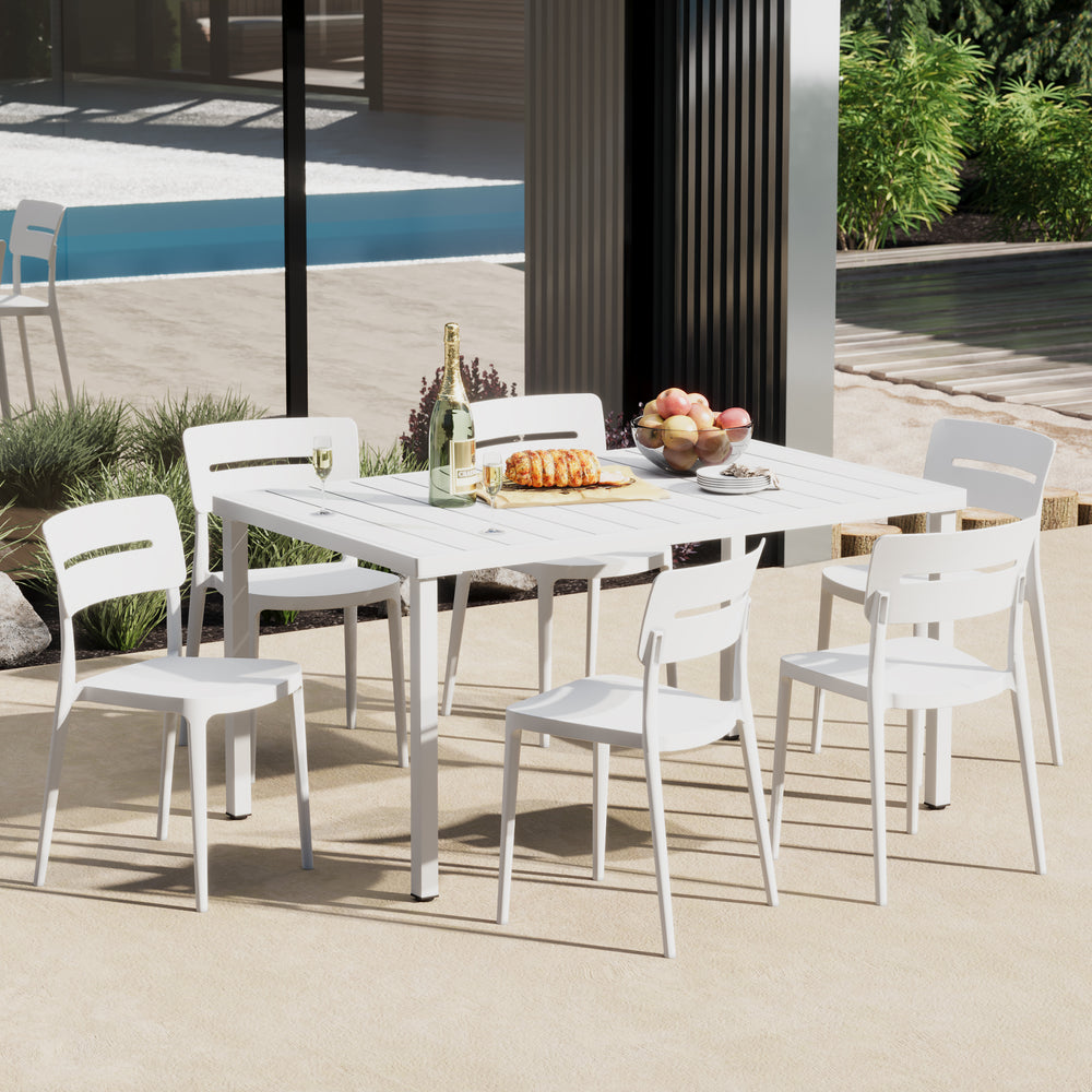 Playa 7-Piece Outdoor Rectangular Metal Patio Dining Table Set With Stackable Patio Chairs