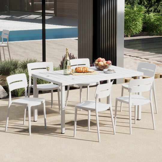 Playa 7-Piece Outdoor Rectangular Metal Patio Dining Table Set With Stackable Patio Chairs
