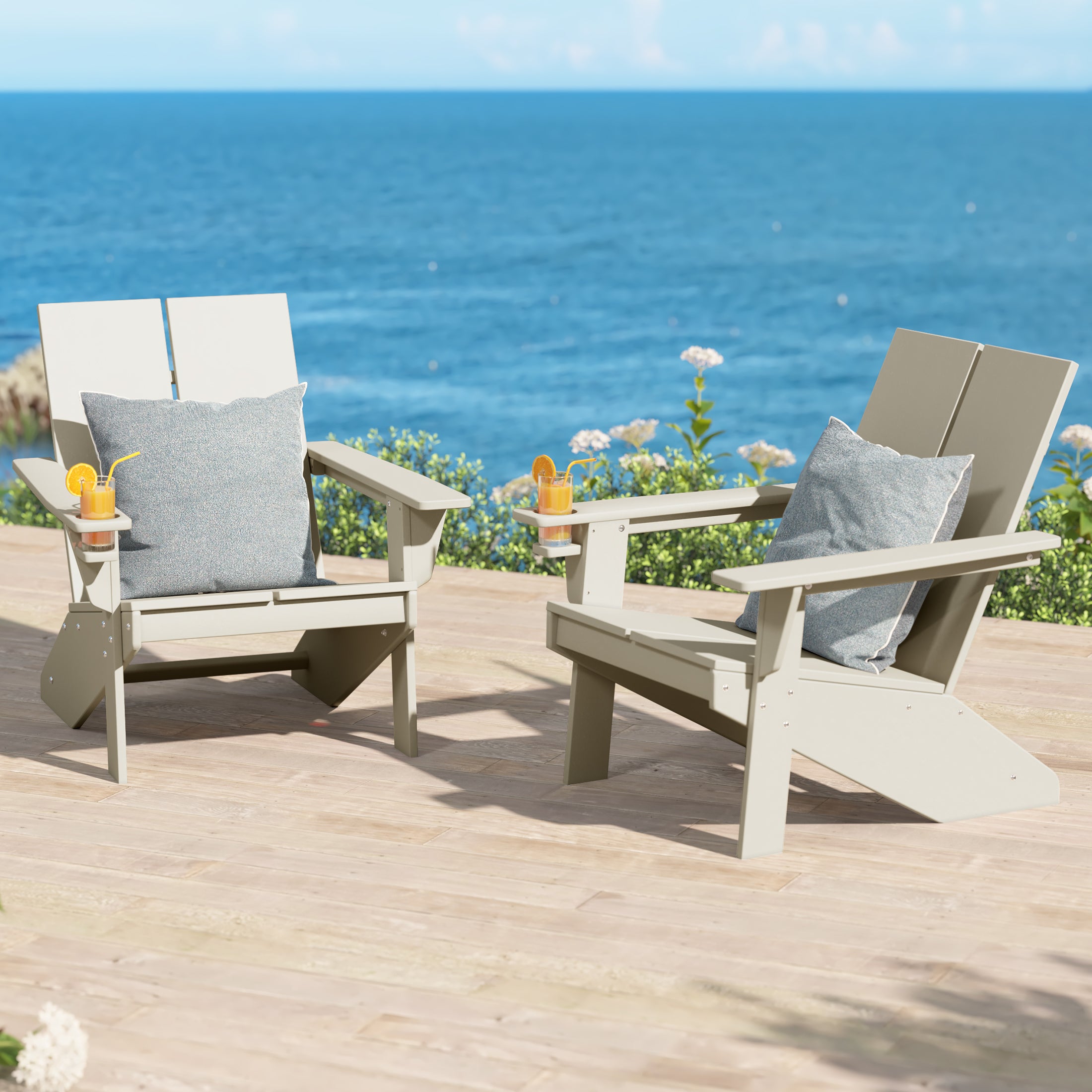 Riviera Outdoor HDPE Modern Adirondack Chair with Cup Holder (Set of 2)