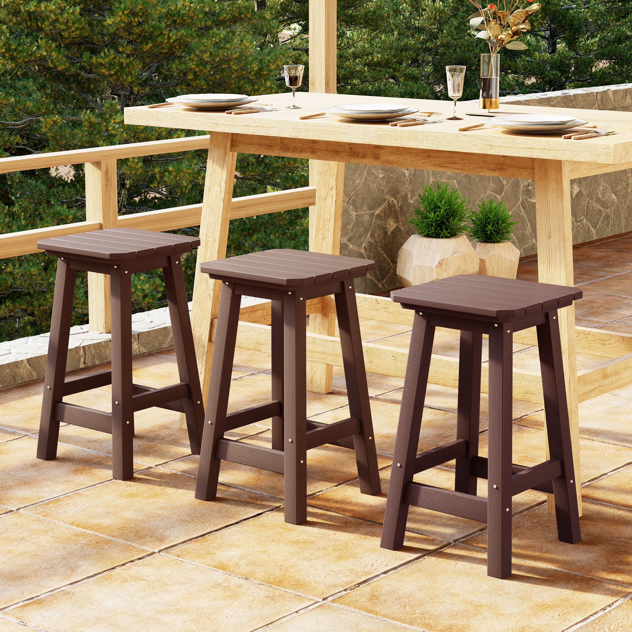 Malibu 24" HDPE Outdoor Patio Counter High Backless Square Bar Stools Set of Three