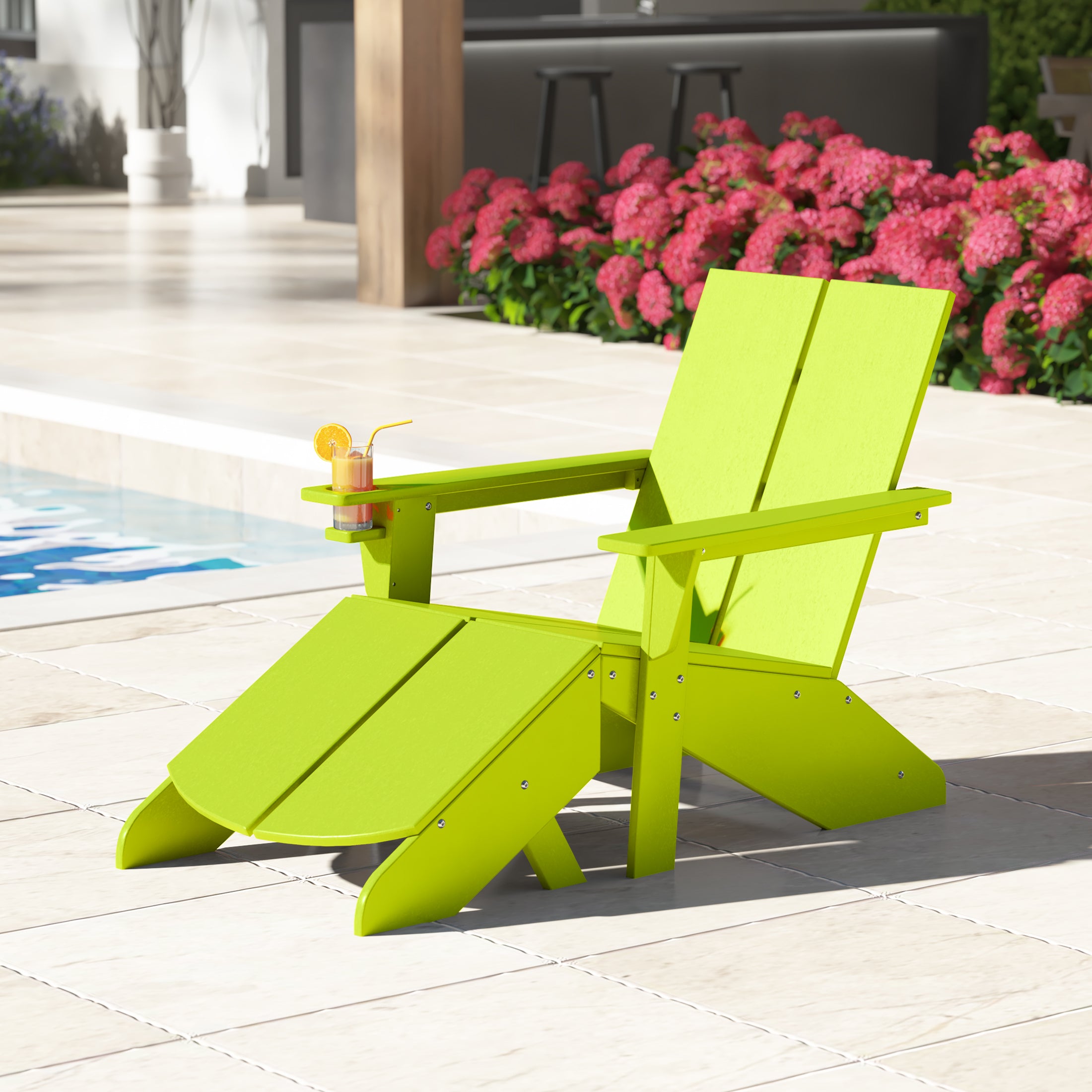 Riviera Outdoor HDPE Modern Adirondack Chair with Folding Patio Ottoman and Cup Holder